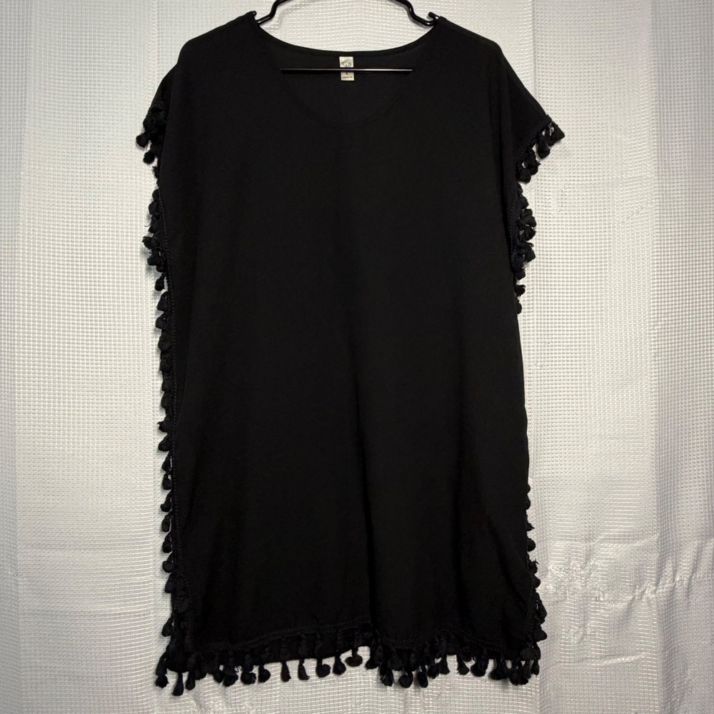 Jincio Swim Cover Up Size A Black Tassel Trim Kaftan Beach Dress